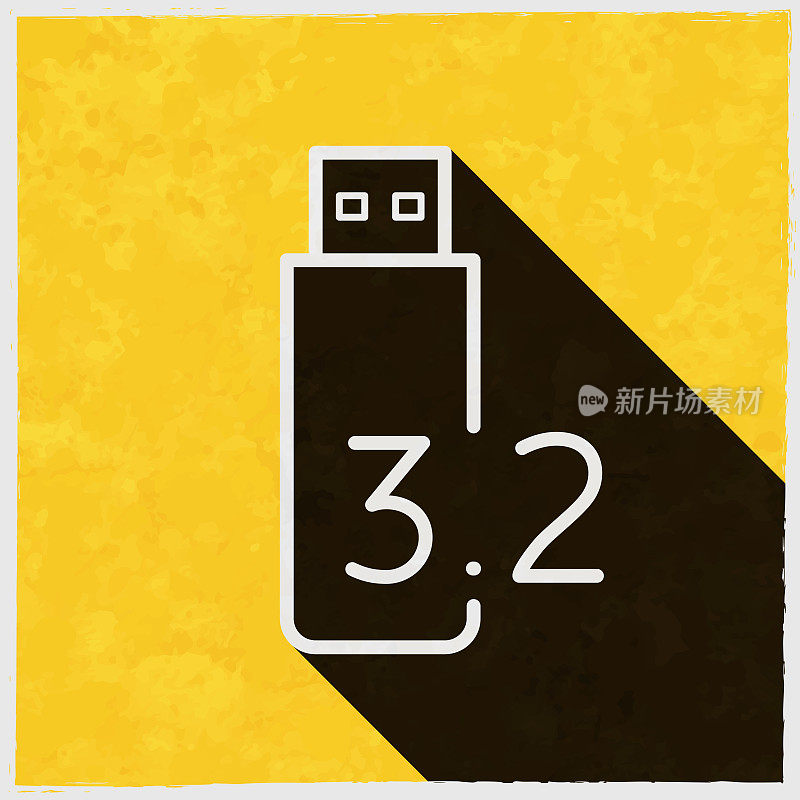USB 3.2闪存驱动器。图标与长阴影的纹理黄色背景